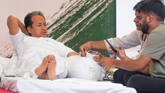 Sonam Wangchuk remained determined to continue the hunger strike, saying he is “fine now” but was feeling “tired.” (PTI)