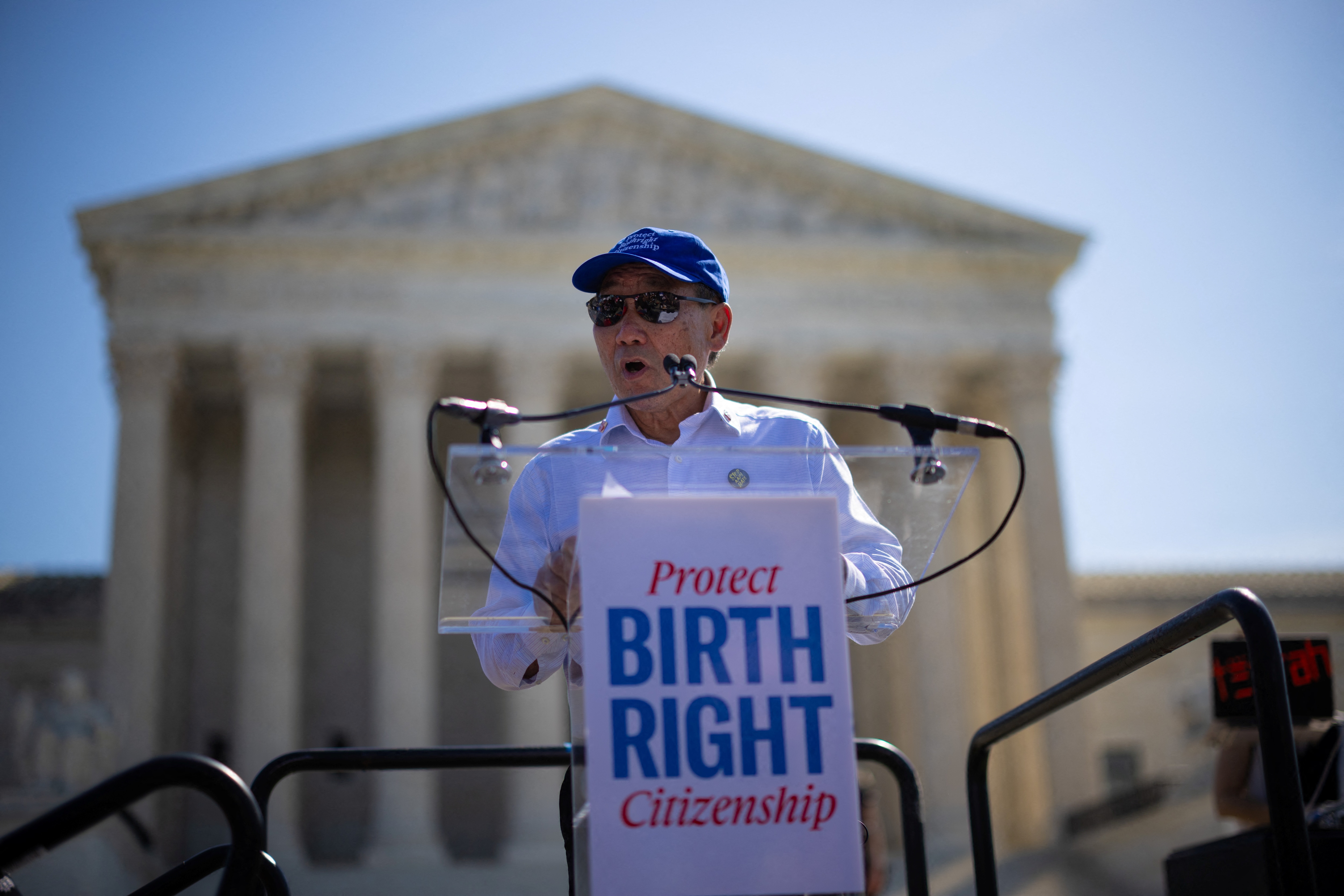 Norman Wong, the great-grandson of Wong Kim Ark, speaks during a demonstration outside the U.S. Supreme Court. (REUTERS)