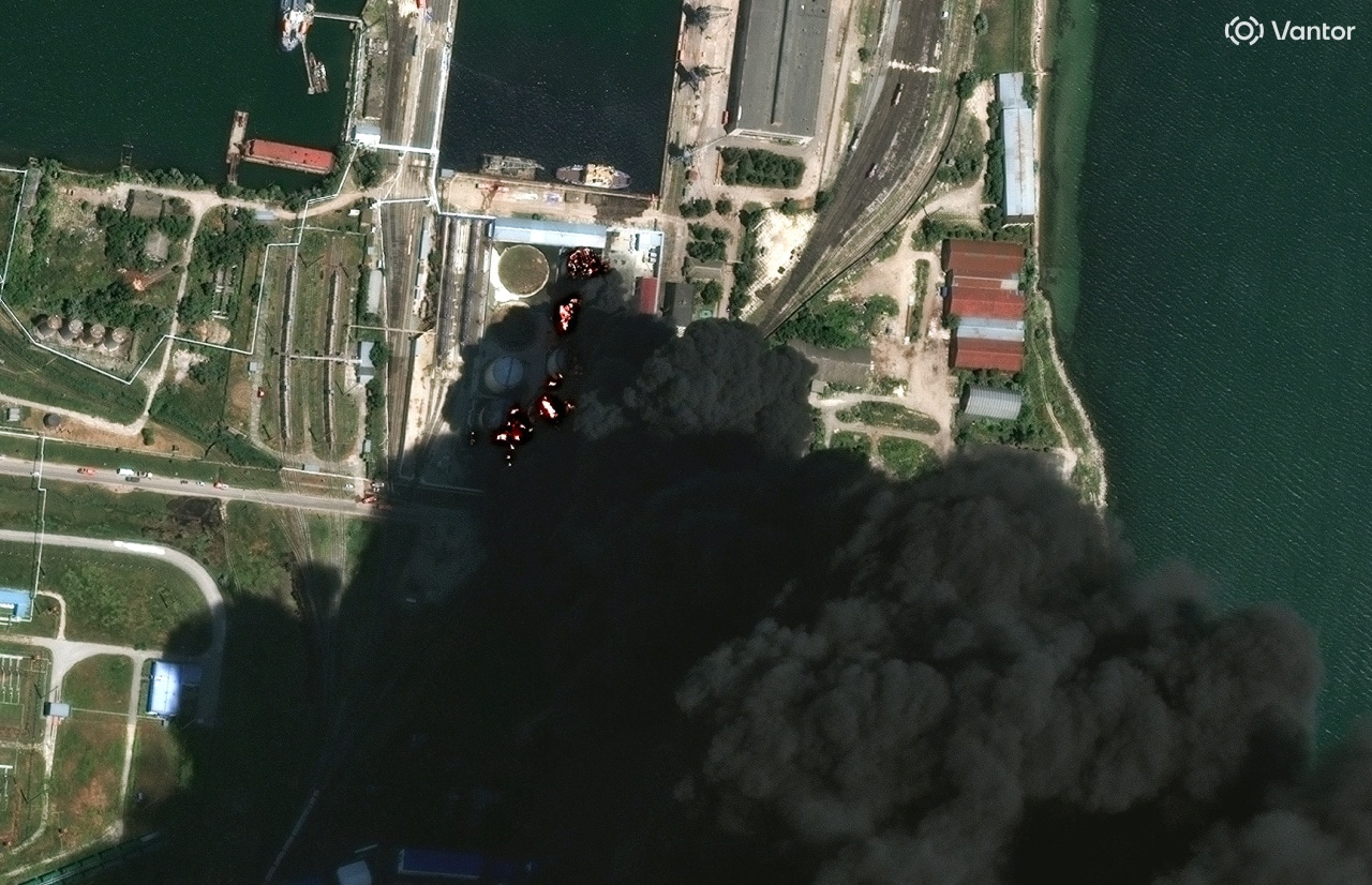 Fuel storage tanks burning after Ukrainian drone strikes on the Crimean city of Kerch.
