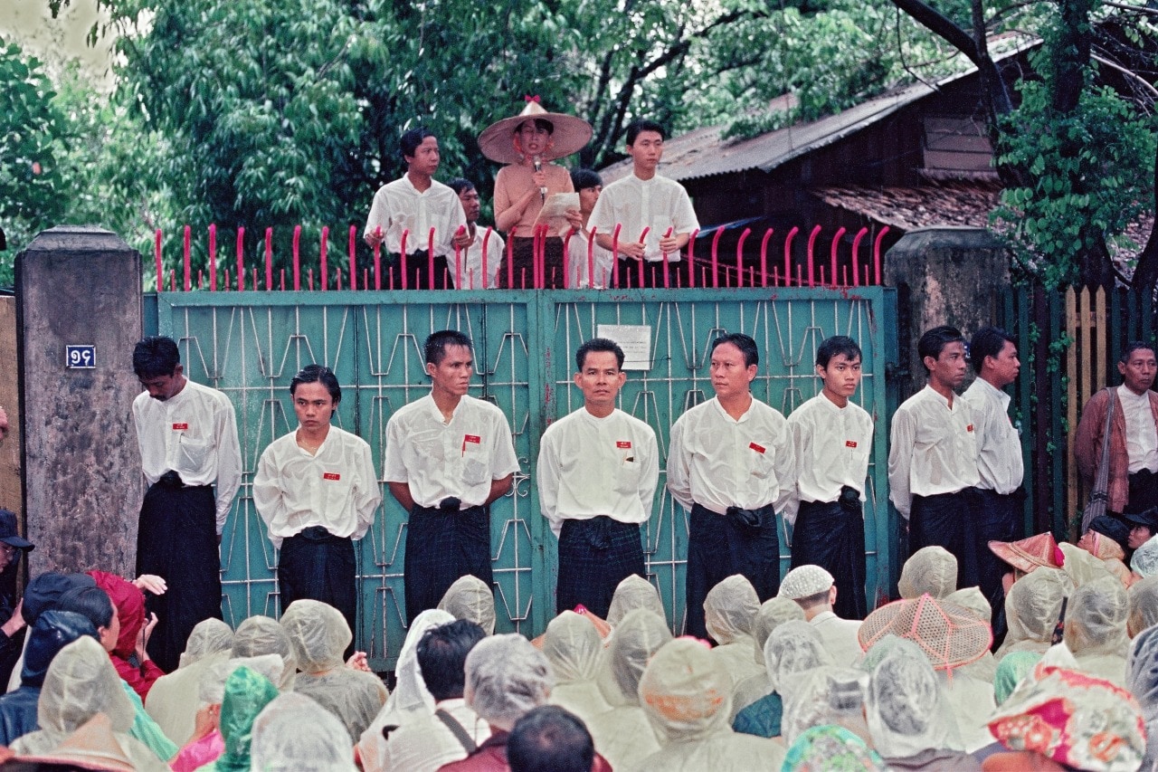 Aung San Suu Kyi addresses supporters in the 1990s.