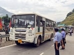 A bus carrying the first batch of Amarnath Yatra pilgrims arriving at Chanderkote in Ramban district on Thursday. (ANI Photo)