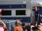 President Donald Trump arrives at the opening of the Theodore Roosevelt Presidential Library on the Freedom 250 train, Wednesday (AP Photo/Matt Rourke)
