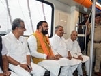 Bihar chief minister Samrat Choudhary and deputy chief ministers Vijay Kumar Choudhary and Bijendra Prasad Yadav travel in the metro during the inauguration of the extended Patna Metro services from ISBT to Malahi Pakri, in Patna on Thursday. Bihar Urban Development Minister Nitish Mishra is also present. (Aftab Alam/ANI)