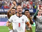 England's forward #09 Harry Kane celebrates after winning the 2026 World Cup round of 32 match football between England and the Democratic Republic of Congo