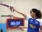File image of Manu Bhaker in 10m air pistol mixed team bronze medal match during the Paris 2024 Olympic Games in 2024. (AFP)