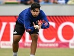 India's Vaibhav Sooryavanshi warms up before the start of the first T20I between England and India at the Riverside Ground in Chester-le-Street, north-east England. (AFP)
