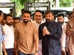 MLC Sachin Ahir (in black) arrives for the monsoon session of the state legislature, in Mumbai on Wednesday (Bhushan Koyande/HT Photo)