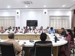 Meeting underway at Sangam Auditorium in Prayagraj on Wednesday. (HT Photo) Meeting underway at Sangam Auditorium in Prayagraj on Wednesday. (HT Photo)