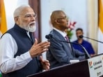 In this image received on June 28, 2026, Prime Minister Narendra Modi and Seychelles President Patrick Herminie during a joint press statement, in Seychelles.