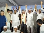 Rajendra Pal Gautam with UP Congress chief Ajay Rai and other leaders in Lucknow on Wednesday. (HT)