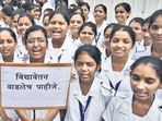 Thane, India - July -17, 2025:Maharashtra State Nurses Association is holding a strike across Maharashtra to demand their demands. Their main demands are to stop the recruitment of contract basses nurses. Increase the salary of trainee nurses., Recruit new posts., For these and other demands, nurses in Maharashtra are on an indefinite strike Nurses teachers and trainee nurses are seen protesting outside Thane Civil Hospital Nursing College. ,in Thane,in Mumbai, India, on, Thursday, July -17, 2025. ( Praful Gangurde / HT Photo ) (praful Gangurde)