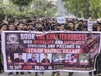 The All Naga Student’s Association Manipur take out a protest march demanding justice for six Naga civilians who were allegedly killed by Kuki militants in Imphal, Manipur, on June 20. (PTI)