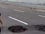 The sinkholes created on the Delhi-Dehradun e-way near Shamli after rainfall (HT Photo)