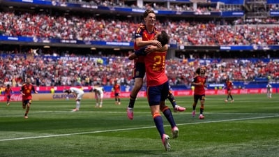 Mikel Oyarzabal celebrates with Gavi after completing his brace. (AP Photo/Mark J. Terrill) Mikel Oyarzabal celebrates with Gavi after completing his brace. (AP Photo/Mark J. Terrill)