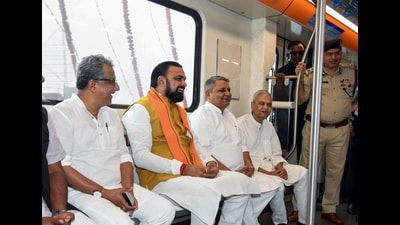 Bihar chief minister Samrat Choudhary and deputy chief ministers Vijay Kumar Choudhary and Bijendra Prasad Yadav travel in the metro during the inauguration of the extended Patna Metro services from ISBT to Malahi Pakri, in Patna on Thursday. Bihar Urban Development Minister Nitish Mishra is also present. (Aftab Alam/ANI)