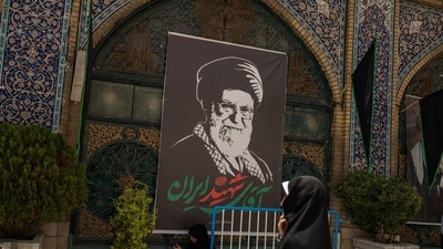 A banner depicting Iran's late Supreme Leader Ayatollah Ali Khamenei, ahead of his farewell ceremony, in a mosque in Tehran, Iran (REUTERS/Representational)