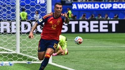 Pedro Porro scored Spain's second in the 66th minute, heading in a cross from Baena. (AFP)