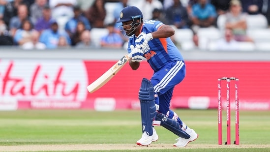 India's Sanju Samson plays a shot during the 1st T20I against England, at Riverside Ground in Chester-le-Street on Wednesday. (ANI Pic Service)
