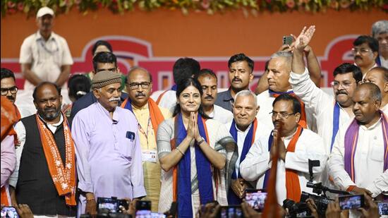 Apna Dal (S) president and Union minister Anupriya Patel during Jan Swabhiman Diwas organised in Lucknow on Thursday. (HT Photo)
