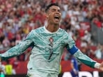 Portugal's Cristiano Ronaldo (7) celebrates after scoring their opening goal against Croatia.