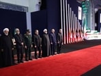 Member of the Assembly of Experts Mohsen Qomi, Chief Justice of Iran Gholam-Hossein Mohseni Ejei, Iran's parliament speaker Mohammad Baqer Qalibaf, Father-in-law of Iran's Supreme Leader Mojtaba Khamenei, Gholamali Haddad Adel, Iranian President Masoud Pezeshkian, Iranian military commander Mohsen Rezaee and Iranian Foreign Minister Abbas Araqchi attend a farewell ceremony for Iran's late Supreme Leader Ayatollah Ali Khamenei.