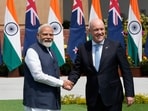 Prime Minister Narendra Modi, left, greets visiting New Zealand Prime Minister Christopher Luxon before their meeting in New Delhi, India, March 17, 2025.