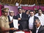 Lawyers of the Faizabad Bar Association submitting a complaint with the police in Ayodhya on Thursday. (PTI PHOTO)