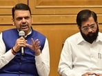 CM Devendra Fadnavis (L), Dy CM Eknath Shinde(R) during a press conference.