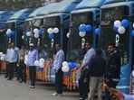 New Delhi, India - Jan. 2, 2023: New electric buses are seen as Delhi Chief Minister Arvind Kejriwal and Delhi Transport Minister Kailash Gahlot flaged off 50 DTC electric buses during a function, at Rajghat Bus Depot in New Delhi, India, on Monday, January 2, 2023. (Photo by Raj K Raj/ Hindustan Times) (Hindustan Times)