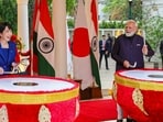 **EDS: THIRD PARTY IMAGE** In this image posted on July 3, 2026, Prime Minister Narendra Modi and Japanese Prime Minister Sanae Takaichi play traditional drums before an informal dinner hosted at the Prime Minister's official residence, in New Delhi.(@PressSec_JP)