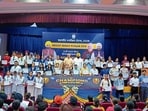 Students during the state event held at Guru Nanak Dev Bhawan in Ludhiana. (HT photo)