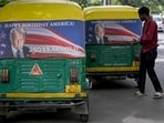 The autorickshaws in Jhilmil colony in Delhi-NCR, as elsewhere in the city, can be spotted dressed in vinyl prints of the Stars and Stripes with a cheerful “Happy Birthday America!” slogan. (AFP)