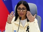 Venezuela's acting President Delcy Rodríguez speaks during a press conference addressing the government's response to the back-to-back earthquakes in Caracas, Venezuela, Thursday, July 2, 2026.(AP Photo/Pedro Mattey)