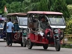 A series of videos on social media people using the BAT-BMS app to stop moving e-rickshaws.(Anil Kumar Maurya/HT)