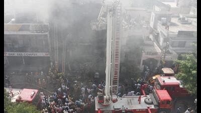 A massive fire that gutted a three-floor commercial building housing an animation centre in Lucknow, on June 22. (File Photo) A massive fire that gutted a three-floor commercial building housing an animation centre in Lucknow, on June 22. (File Photo)
