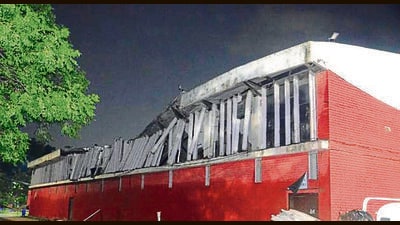 A portion of the multi-purpose hall at Chandigarh College of Engineering and Technology (CCET), Sector 26, collapsed on Friday. (Keshav Singh/HT)