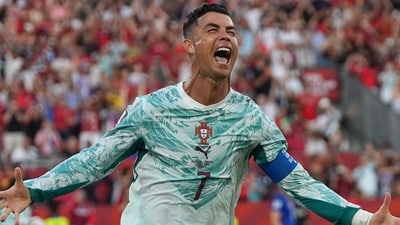 Portugal's Cristiano Ronaldo (7) celebrates after scoring their opening goal against Croatia. Portugal's Cristiano Ronaldo (7) celebrates after scoring their opening goal against Croatia.
