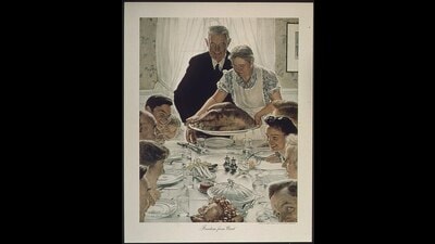 As unions and worker protections weakened from the 1980s on, the massive US economy grew around the working classes rather than for them. (Above) Norman Rockwell’s Freedom from Want (1943). (Wikimedia) As unions and worker protections weakened from the 1980s on, the massive US economy grew around the working classes rather than for them. (Above) Norman Rockwell’s Freedom from Want (1943). (Wikimedia)