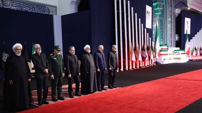 Member of the Assembly of Experts Mohsen Qomi, Chief Justice of Iran Gholam-Hossein Mohseni Ejei, Iran's parliament speaker Mohammad Baqer Qalibaf, Father-in-law of Iran's Supreme Leader Mojtaba Khamenei, Gholamali Haddad Adel, Iranian President Masoud Pezeshkian, Iranian military commander Mohsen Rezaee and Iranian Foreign Minister Abbas Araqchi attend a farewell ceremony for Iran's late Supreme Leader Ayatollah Ali Khamenei. (via REUTERS)