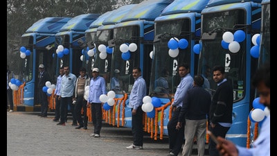 New Delhi, India - Jan. 2, 2023: New electric buses are seen as Delhi Chief Minister Arvind Kejriwal and Delhi Transport Minister Kailash Gahlot flaged off 50 DTC electric buses during a function, at Rajghat Bus Depot in New Delhi, India, on Monday, January 2, 2023. (Photo by Raj K Raj/ Hindustan Times) (Hindustan Times) New Delhi, India - Jan. 2, 2023: New electric buses are seen as Delhi Chief Minister Arvind Kejriwal and Delhi Transport Minister Kailash Gahlot flaged off 50 DTC electric buses during a function, at Rajghat Bus Depot in New Delhi, India, on Monday, January 2, 2023. (Photo by Raj K Raj/ Hindustan Times) (Hindustan Times)