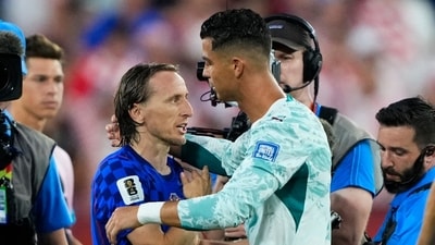 Former teammates Cristiano Ronaldo and Luka Modric hugged each other after tha match. (IMAGN IMAGES via Reuters)