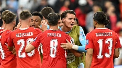 Switzerland's Marvin Keller celebrates with Switzerland's Remo Freuler. (IMAGN IMAGES via Reuters)