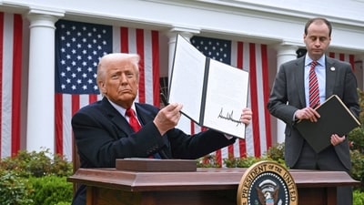 President Trump unveiled sweeping tariffs at the White House on April 2, 2025.