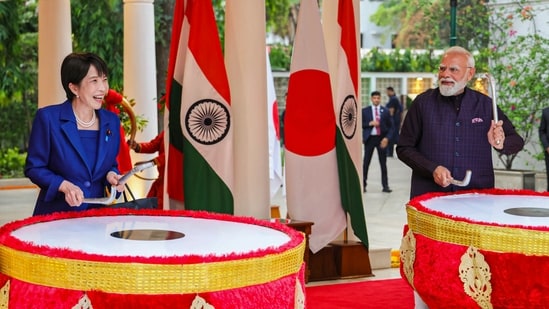 **EDS: THIRD PARTY IMAGE** In this image posted on July 3, 2026, Prime Minister Narendra Modi and Japanese Prime Minister Sanae Takaichi play traditional drums before an informal dinner hosted at the Prime Minister's official residence, in New Delhi. (@PressSec_JP)