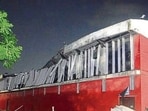 A portion of the multi-purpose hall at Chandigarh College of Engineering and Technology (CCET), Sector 26, collapsed on Friday. (Keshav Singh/HT)
