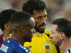 Argentina's Lionel Messi speaks to Cape Verde goalkeeper Vozinha after the World Cup Round of 32 match in Miami on Friday. Argentina won 3-2. (AP)