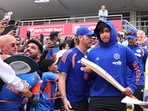 India's Vaibhav Sooryavanshi walks out for the warm-ups. 