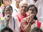 File: TMC founder Mamata Banerjee addresses a sit-in protest against the alleged attacks on party leaders and workers, including Chandrima Bhattacharya (R)