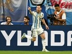 Argentina's forward #10 Lionel Messi celebrates scoring his team's first goal vs Cape Verde. 