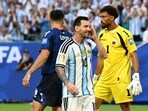 Argentina's forward #10 Lionel Messi reacts to a missed chance. 
